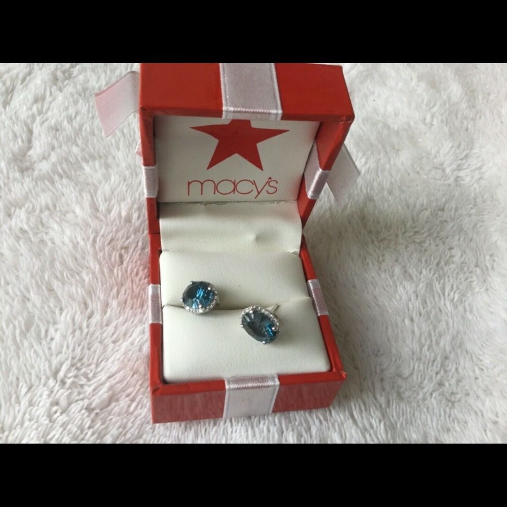 14K White Gold London Blue Topaz and Diamonds Oval Stud Earrings
